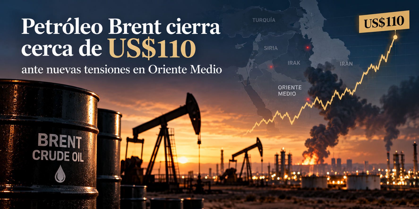 El Brent termina el viernes en US$109.86 por barril ante nuevas tensiones en Oriente Medio y ataques contra instalaciones energéticas.